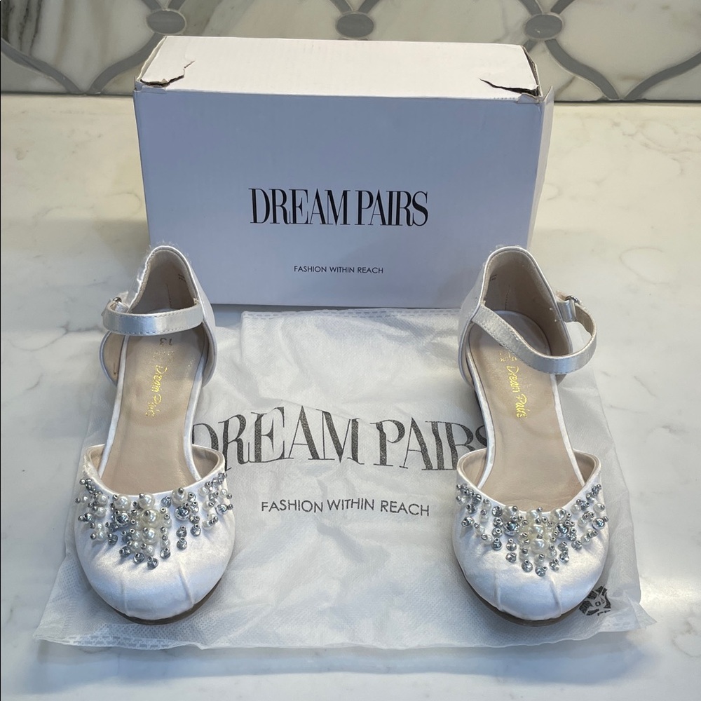 Dream Pairs Girls Ivory Satin Dress Shoes with Pearl & Rhinestone Accents